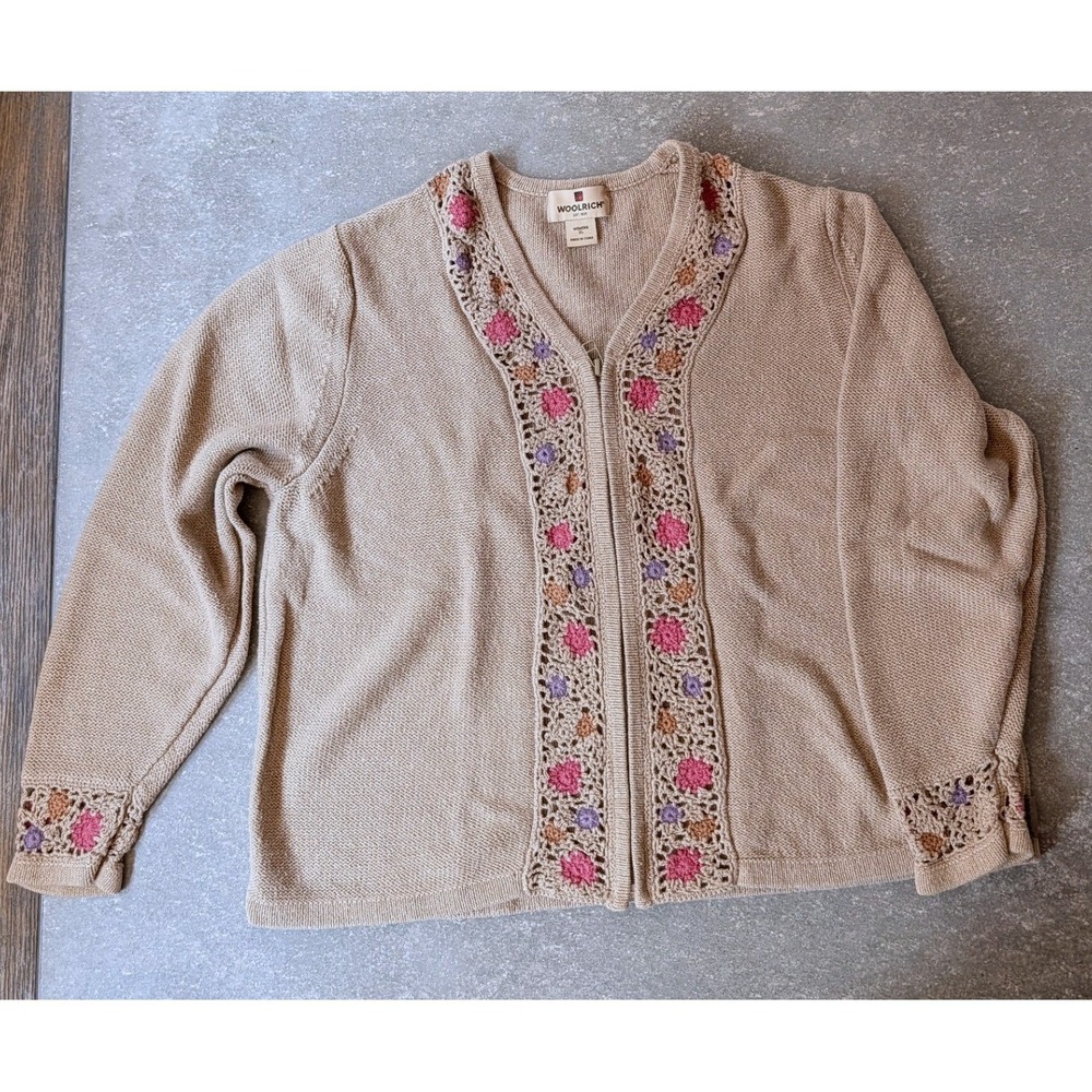 Woolrich Womens XL Floral Crochet V-Neck Cardigan Sweater Beige Tan Zip Up VTG